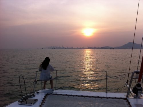 setting sun on ship